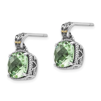 Shey Couture Sterling Silver with 14K Accent Antiqued Cushion Green Quartz Post Dangle Earrings — alternate view