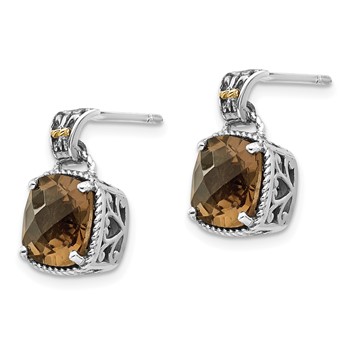 Shey Couture Sterling Silver with 14K Accent Antiqued Cushion Smoky Quartz Dangle Post Earrings — alternate view