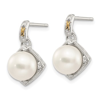 Shey Couture Sterling Silver Rhodium-plated with 14K Accent 7.5-8mm Freshwater Cultured Pearl and Diamond Dangle Post Earrings — alternate view