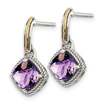 Shey Couture Sterling Silver with 14K Accent Antiqued Cushion Amethyst Post Dangle Earrings — alternate view