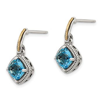 Shey Couture Sterling Silver with 14K Accent Antiqued Cushion Light Swiss Blue Topaz Post Dangle Earrings — alternate view