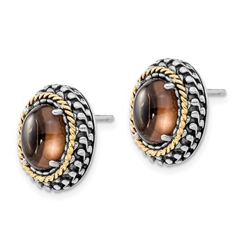 Sterling Silver w/14k Polished & Antiqued Oval Smoky Quartz Post Earrings — alternate view