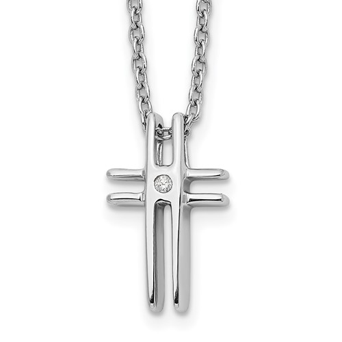 Sterling Silver RH Plated White Ice .03ct. Diamond Cross Necklace