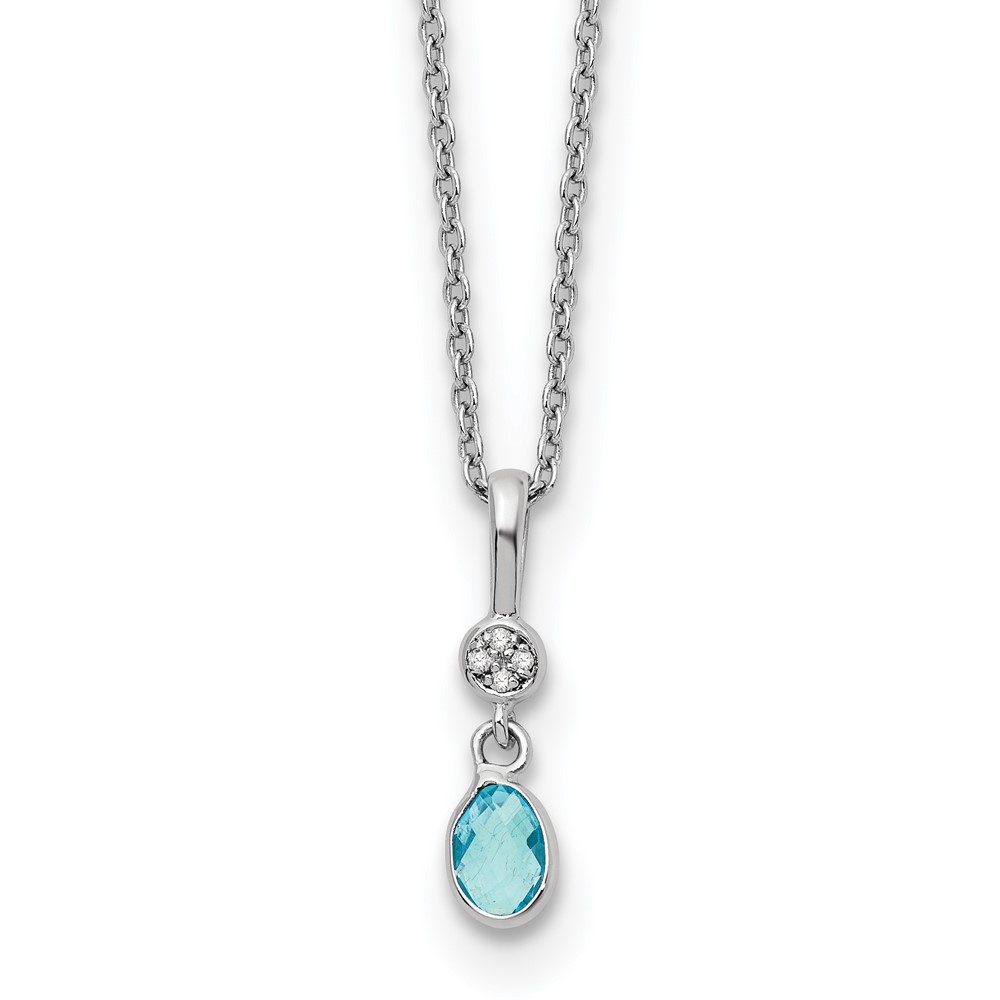Sterling Silver RH Plated White Ice .02ct. Dia./Blue Topaz w/2IN Ext Neckla