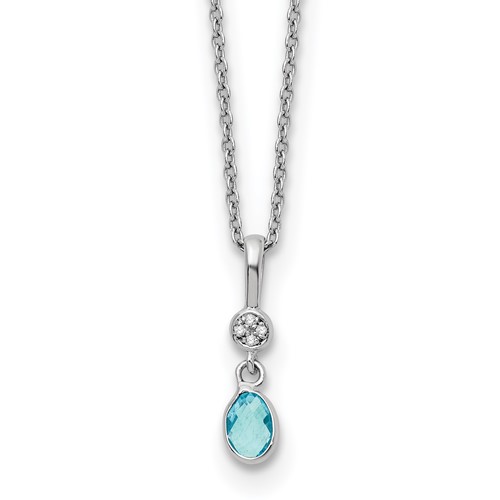 Sterling Silver RH Plated White Ice .02ct. Dia./Blue Topaz w/2IN Ext Neckla
