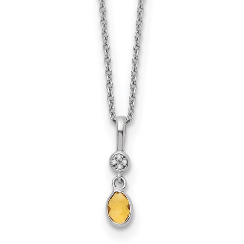 Sterling Silver RH Plated White Ice .02ct. Dia. & Citrine w/2IN Ext Necklac