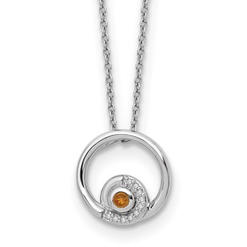 Sterling Silver RH Plated White Ice .05ct. Diamond & Citrine w/2IN Ext Neck
