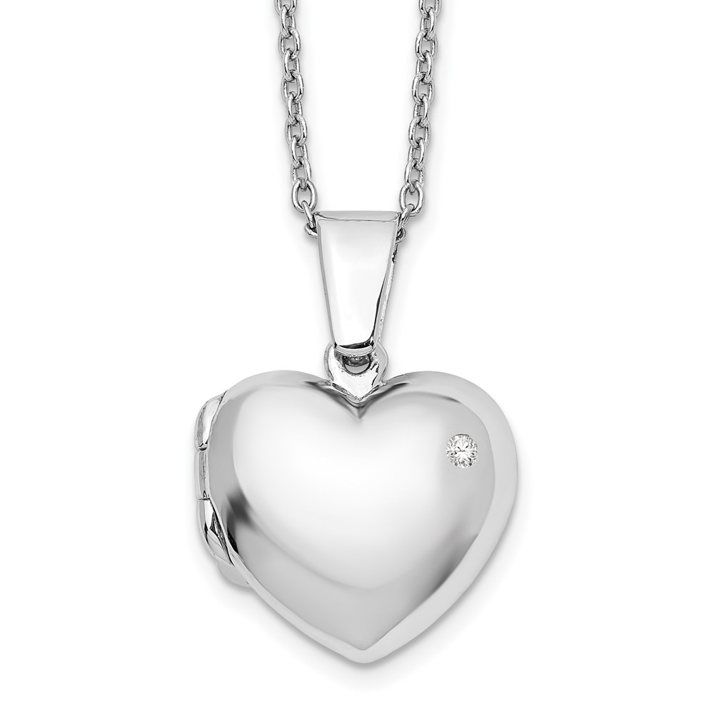 Sterling Silver RH Plated White Ice Diamond Heart Locket Necklace