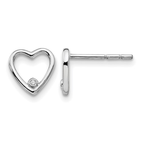 Sterling Silver RH Plated White Ice Diamond Heart Post Earrings