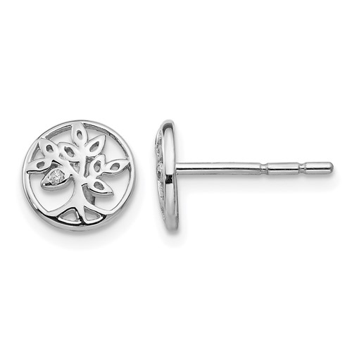 Sterling Silver RH Plated White Ice Diamond Tree Post Earrings