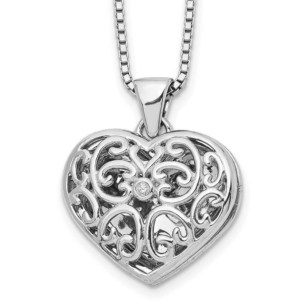 Sterling Silver RH Plated White Ice Diamond Heart Locket Necklace
