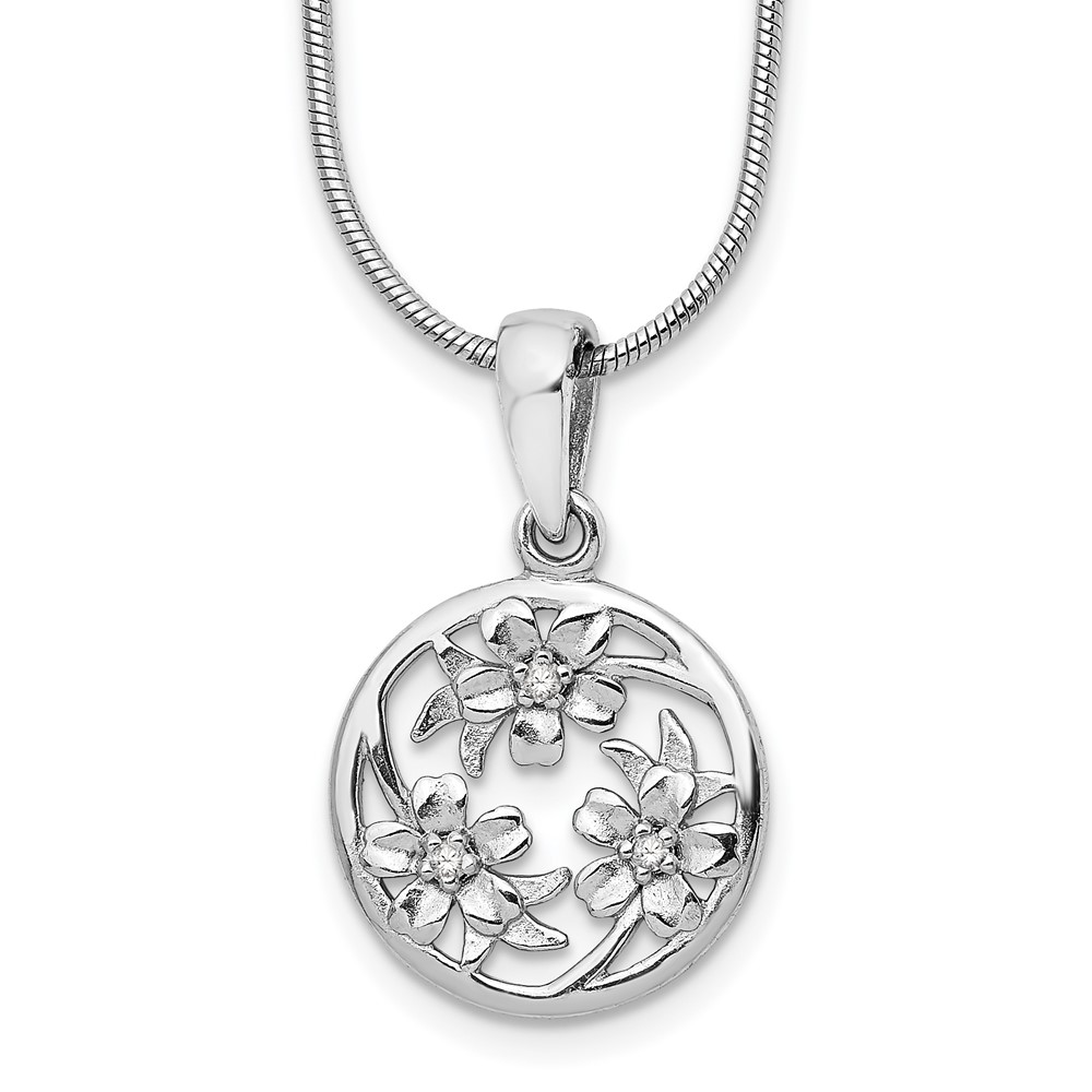 Sterling Silver RH Plated White Ice Diamond Flower Necklace