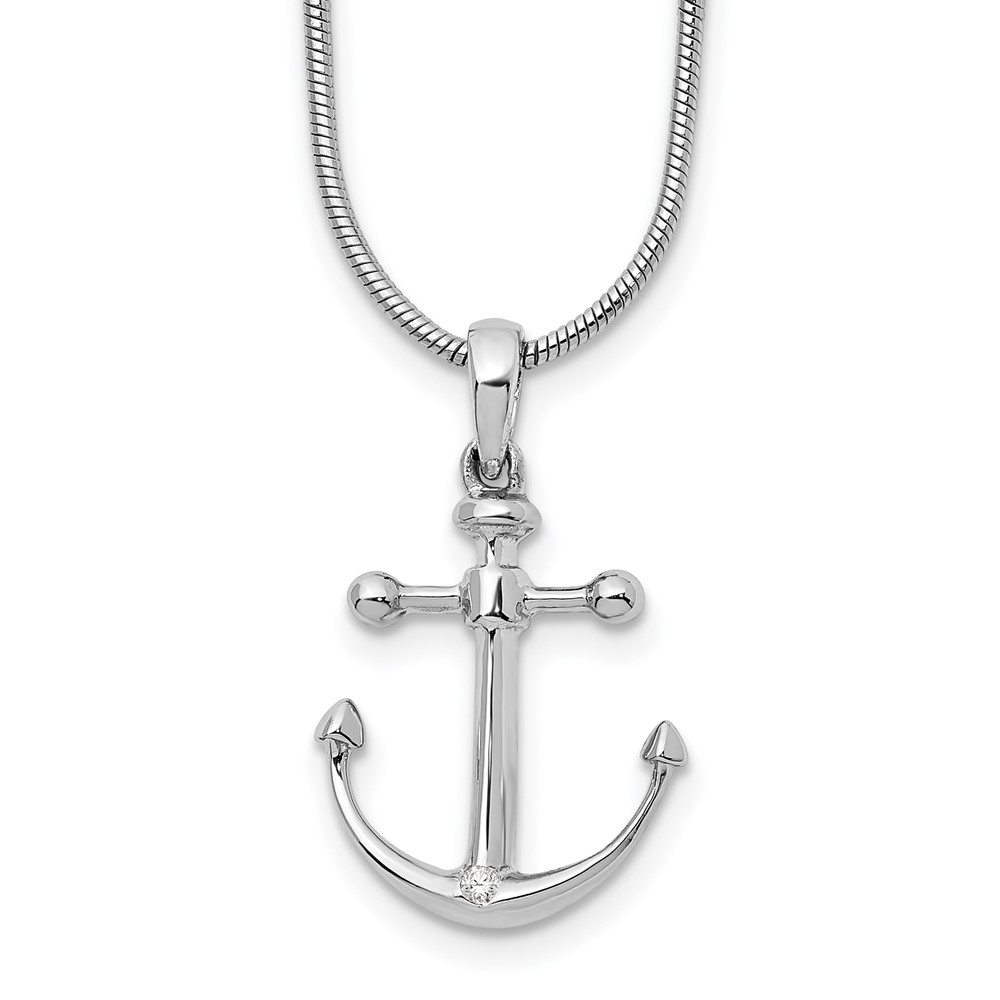 Sterling Silver RH Plated White Ice Diamond Anchor Necklace