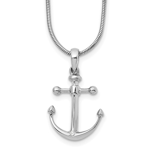 Sterling Silver RH Plated White Ice Diamond Anchor Necklace