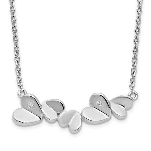 Sterling Silver RH Plated White Ice .015ct. Diamond Hearts Necklace