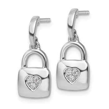 White Ice Sterling Silver Rhodium-plated Diamond Heart Lock Dangle Post Earrings — alternate view