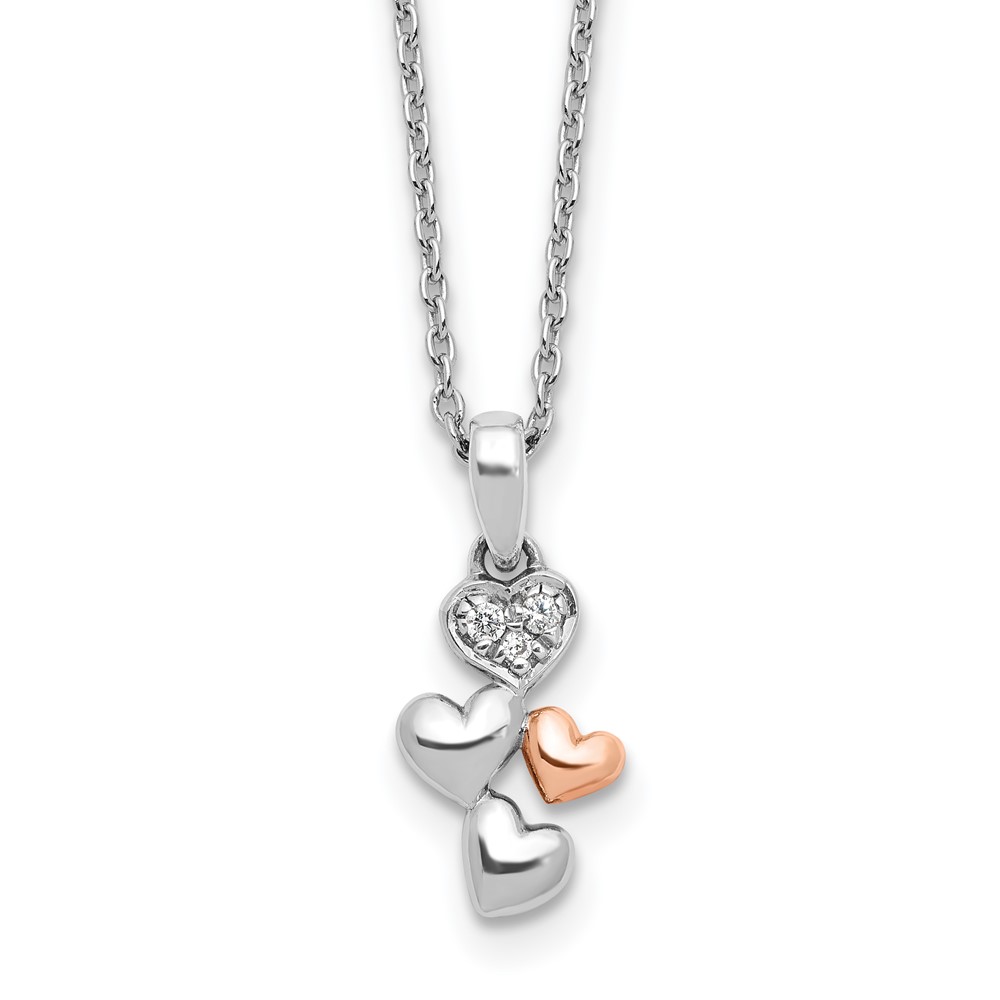 Sterling Silver RH Plated White Ice Dia. Heart Rose-tone w/2IN EXT Necklace