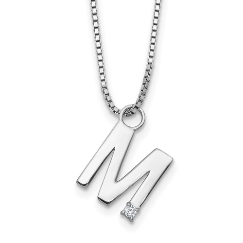 SS RH Plated White Ice .03 Diamond Initial M w/2in ext. Necklace