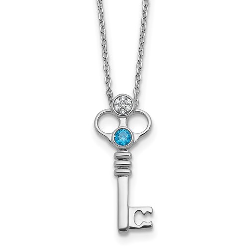 SS RH Plated White Ice .03 Dia and Blue Topaz Key w/2in ext Necklace