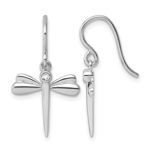 Sterling Silver RH Plated White Ice .05 Dia Dragonfly Dangle Earrings