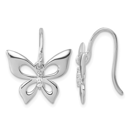 Sterling Silver RH Plated White Ice .05 Dia Butterfly Dangle Earrings