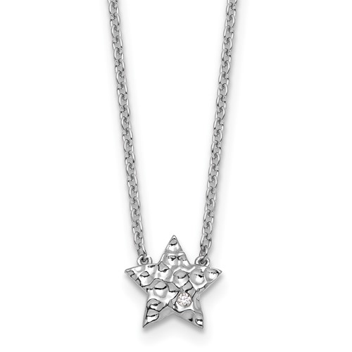 Sterling Silver RH Plated White Ice .01 Dia Textured Star Necklace