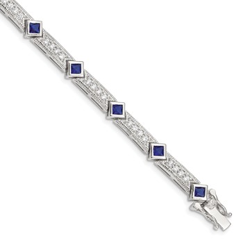 Sterling Silver Rhodium-plated Blue Glass and CZ 7.75 inch Bracelet
