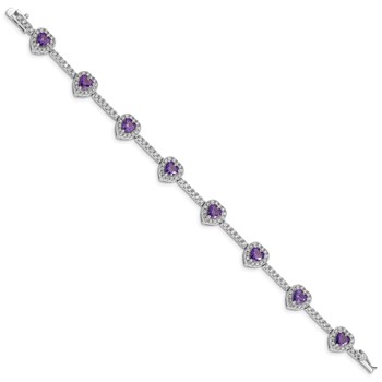 Sterling Silver Rhodium-plated Amethyst and Clear CZ Heart Bracelet — alternate view