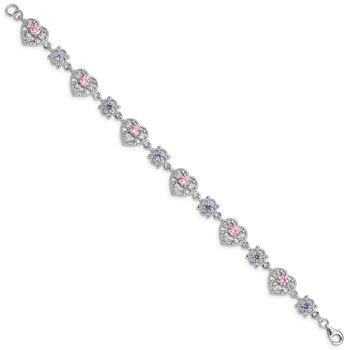 Sterling Silver Rhod-plated 7inch Pink and Clear CZ Heart Bracelet — alternate view