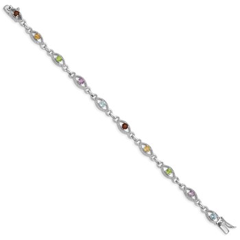 Sterling Silver 7in Rhod Plated Multicolored Gemstone Link Bracelet — alternate view