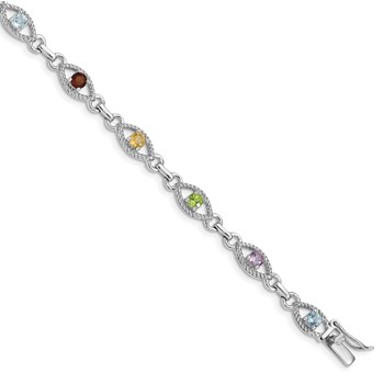 Sterling Silver 7in Rhod Plated Multicolored Gemstone Link Bracelet