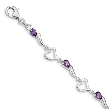 Sterling Silver Rhodium-plated Amethyst Polished Fancy Heart Bracelet