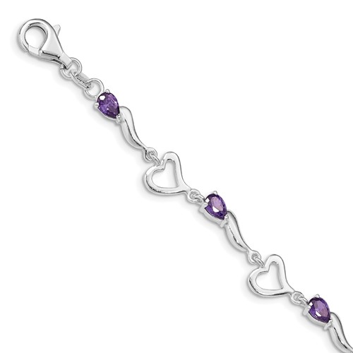 Sterling Silver Rhodium-plated Amethyst Polished Fancy Heart Bracelet