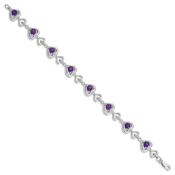 Sterling Silver Rhodium-plated Diamond & Heart Link Amethyst Bracelet — alternate view