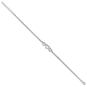 Sterling Silver Rhodium-plated Polished Three Linked CZ Open Hearts 7 inch Bracelet with 1 inch extension — alternate view