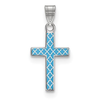 Sterling Silver Rhodium-plated Blue Enameled Cross Hatch Cross Charm