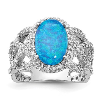 Sterling Silver Rhodium-plated CZ and Oval Lab Created Blue Opal Ring