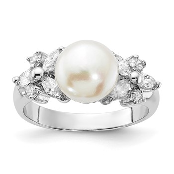 Sterling Silver Rhodium-plated CZ and Freshwater Cultured Button Pearl Ring