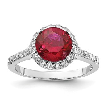 Sterling Silver Rhodium-plated Lab Created Ruby Round Center and CZ Halo Ring