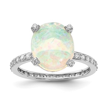 Sterling Silver Rhodium-plated Lab Created White Oval Opal and CZ Ring