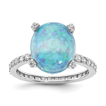 Sterling Silver Rhodium-plated Clear CZ and Lab Created Blue Opal Ring