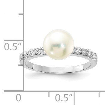 Sterling Silver Rhodium-plated 8mm FW Cultured Button Pearl & CZ Ring — alternate view