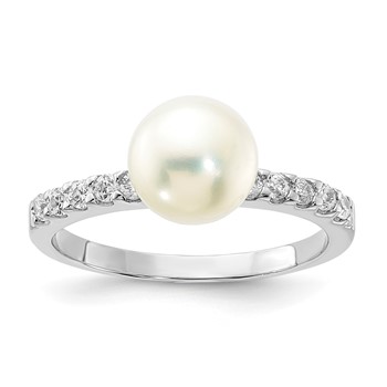 Sterling Silver Rhodium-plated 8mm FW Cultured Button Pearl & CZ Ring