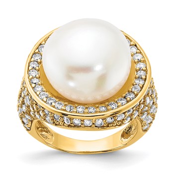 Sterling Silver Gold-plated Freshwater Cultured Pearl & CZ Ring
