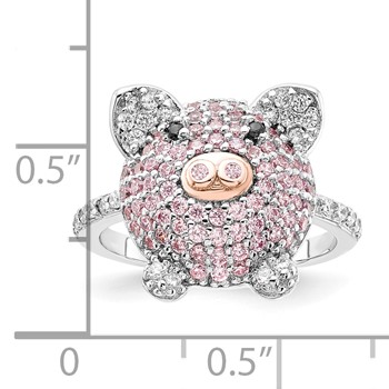 Sterling Silver Rhodium-plated and Rose Gold-plated Black Pink and White CZ Pig Ring — alternate view