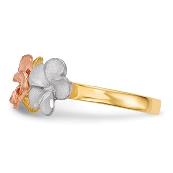 14k Two-tone with White Rhodium Satin Diamond-cut 3-Plumeria Flowers Ring — alternate view