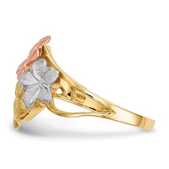 14k Two-tone with White Rhodium Polished and Satin Diamond-cut 4-Plumeria Flowers Ring — alternate view