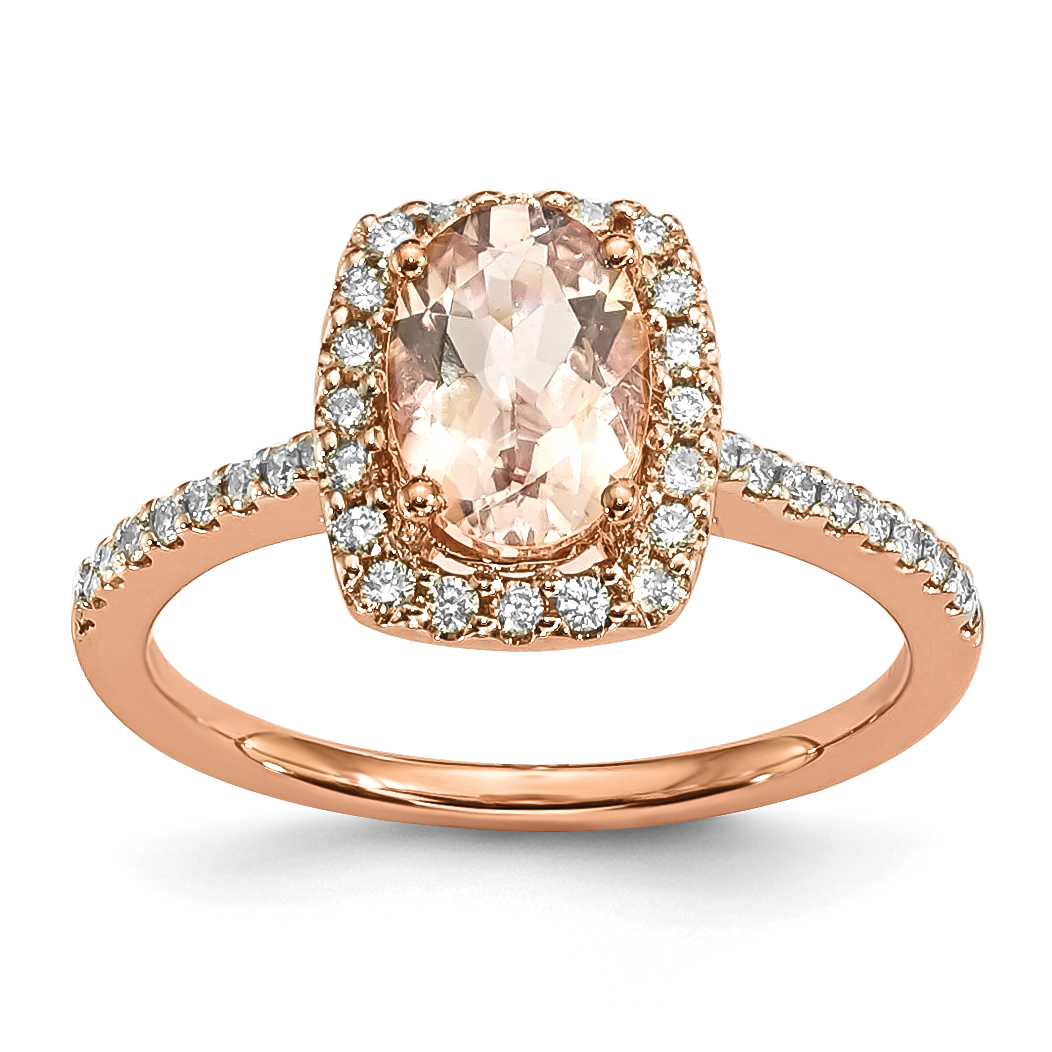 10k Rose Gold Oval Morganite & Diamond Halo Engagement Ring