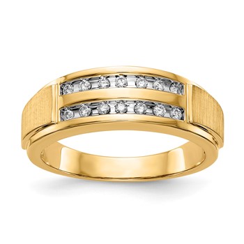 10k Yellow Gold & White Rhodium Polished & Brushed Diamond Men's Ring