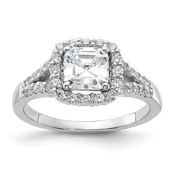 Sterling Silver Rhodium-plated Diamonore Asscher-cut Halo Ring